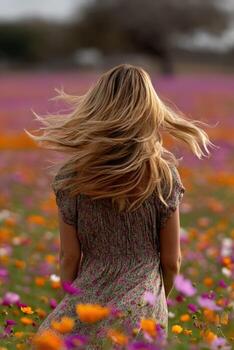 Woman enjoying colorful spring flowers in vibrant field photo
