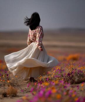 Woman twirling in a field of colorful spring flowers photo