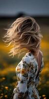 Woman enjoying spring breeze in flower field photo