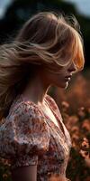 Spring breeze dances through flowing hair in a meadow photo