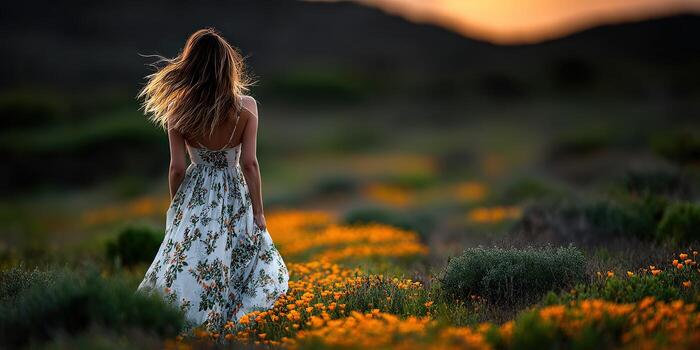 Woman in a blooming field in spring photo