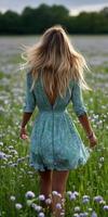 Woman walking through a vibrant spring flower field photo
