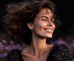 Woman enjoying a windy spring afternoon in nature photo