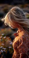 Woman enjoying spring flowers in a soft breeze photo