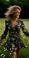 Woman in floral dress enjoys springtime in meadow photo