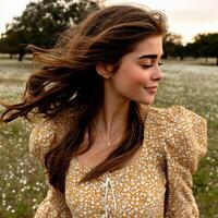 Spring breeze on blooming field with a young woman photo