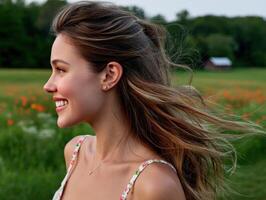 Joyful woman enjoying spring in a colorful field photo