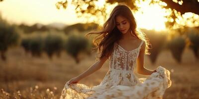 Girl in a flowing dress enjoying a spring sunset photo