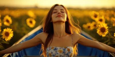 Woman enjoying a sunny day in a sunflower field photo