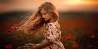 Girl enjoying a spring afternoon amidst wildflowers photo