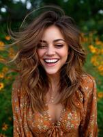 Bright spring smile among blooming flowers in the field photo