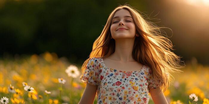 Young girl enjoying spring in a flower field photo