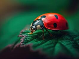 Bright ladybug perched on a vibrant green leaf photo