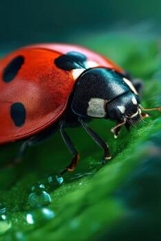 Vibrant ladybug exploring a dewy green leaf photo