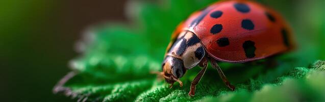 Close view of a ladybug resting on a green leaf photo