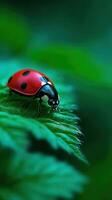 Bright ladybug resting on green leaf in nature photo