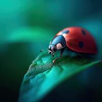 Close view of a ladybug on a green leaf photo