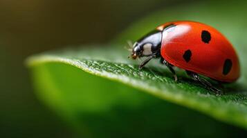 Red ladybug resting on a green leaf during daytime photo