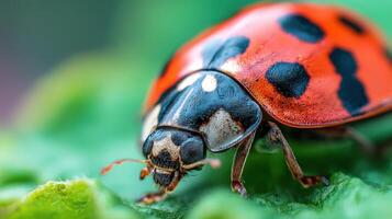 Close-up view of a vibrant ladybug on a leaf photo
