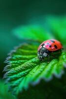 Close-up view of a ladybug on green leaves photo
