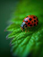Ladybug on a vibrant green leaf in nature photo