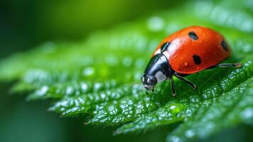 Ladybug on a green leaf in a serene garden setting photo