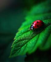 Red ladybug resting on a green leaf in nature photo