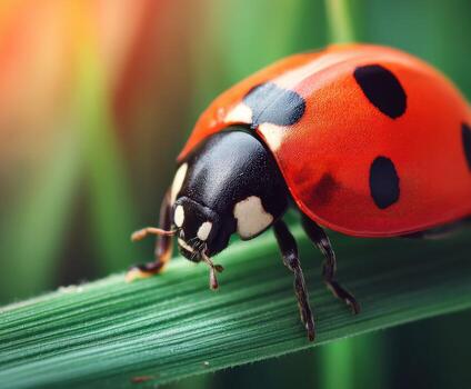 Close-up view of a ladybug resting on green grass photo