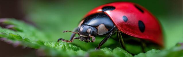 Close view of a vibrant ladybug on a green leaf photo