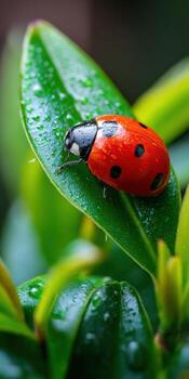 Ladybug resting on a green leaf after rain shower photo