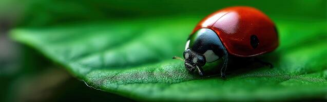 A ladybug sitting on a green leaf photo