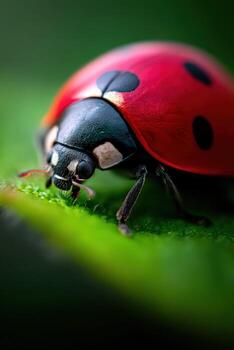 Close-up of a ladybug resting on a green leaf photo