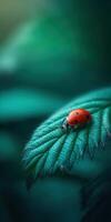 Bright red ladybug resting on a green leaf photo