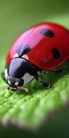 Bright red ladybug resting on vibrant green leaf photo