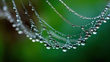 Dewdrops on delicate spider web in lush greenery photo