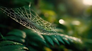 Web glistening with dew in a tranquil forest setting photo