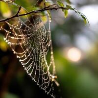 Dew-covered spider web glistens in soft morning light photo