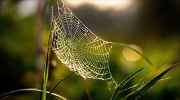 A spider web is shown in the grass photo