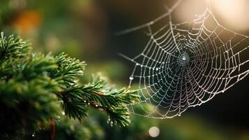 A spider web is shown on a tree branch photo