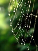 Dew-laden spider web glistens in morning light photo