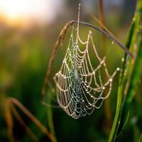 Dew-covered spiderweb glistens in the morning sun photo