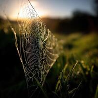 Morning dew on a spider web at sunrise photo