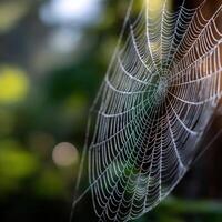 A spider web is shown in front of a tree photo