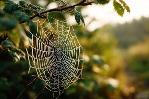 Spider web glistens in the morning sunlight on a branch photo
