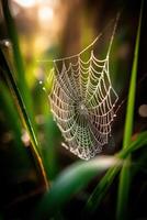 A spider web is shown in the sunlight photo