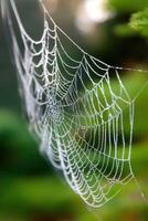Intricate spider web glistening with morning dew photo