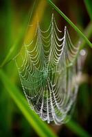 Delicate spider web glistening in morning dew photo