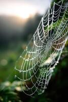 Dew-covered spider web glistening in morning light photo