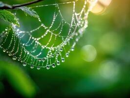 A spider web with dew drops on it photo