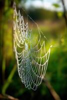 Spider web glistens with morning dew photo